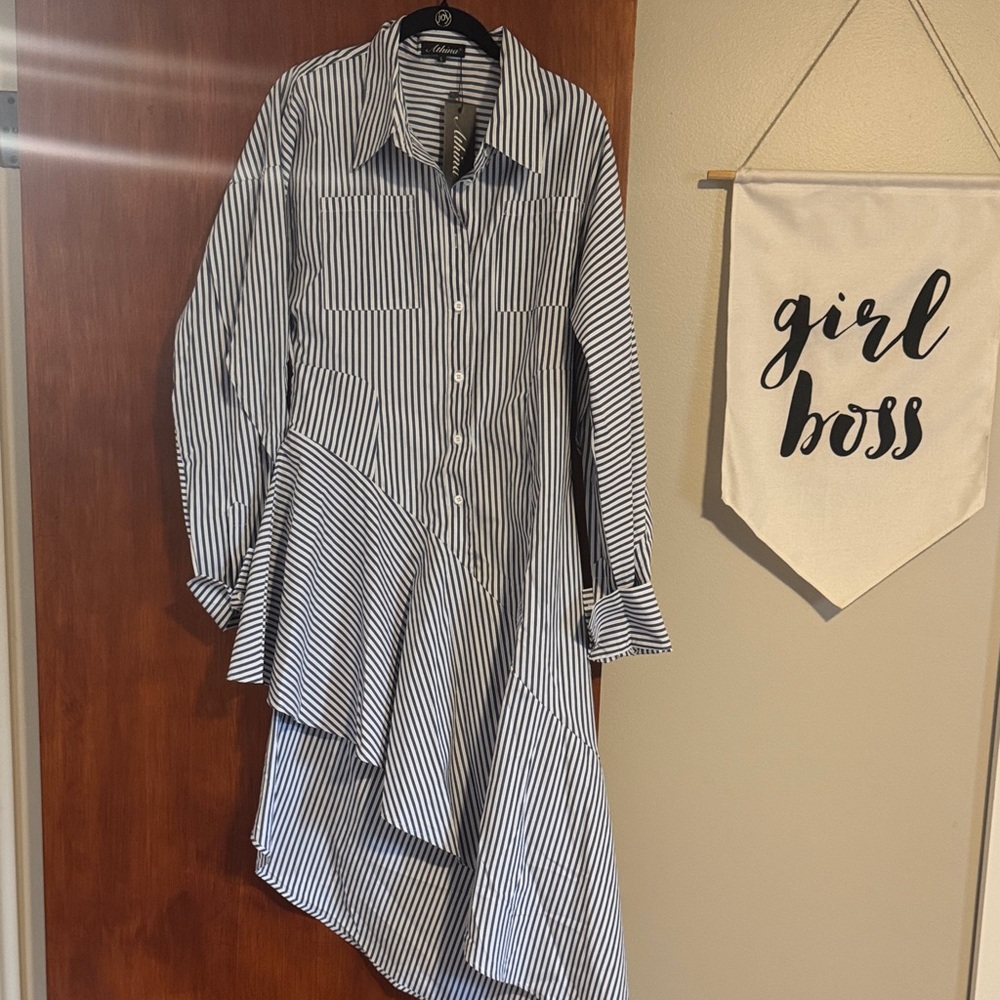 Striped Long-Sleeve Asymmetric Shirtdress - Blue/White